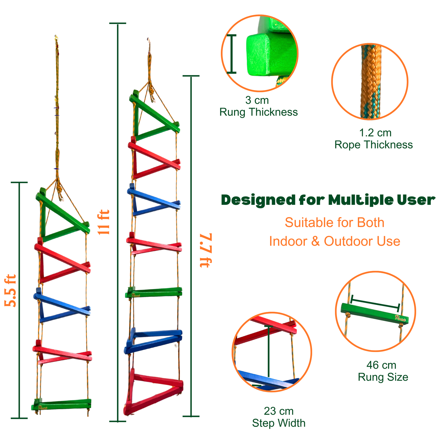 Triple String Wooden Ladder Flat Rungs